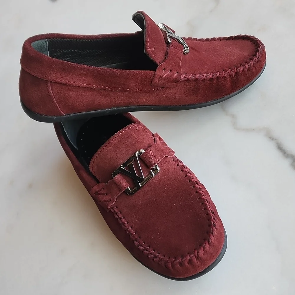 Louis Vuitton Boys Burgundy Suede Driving Loafers